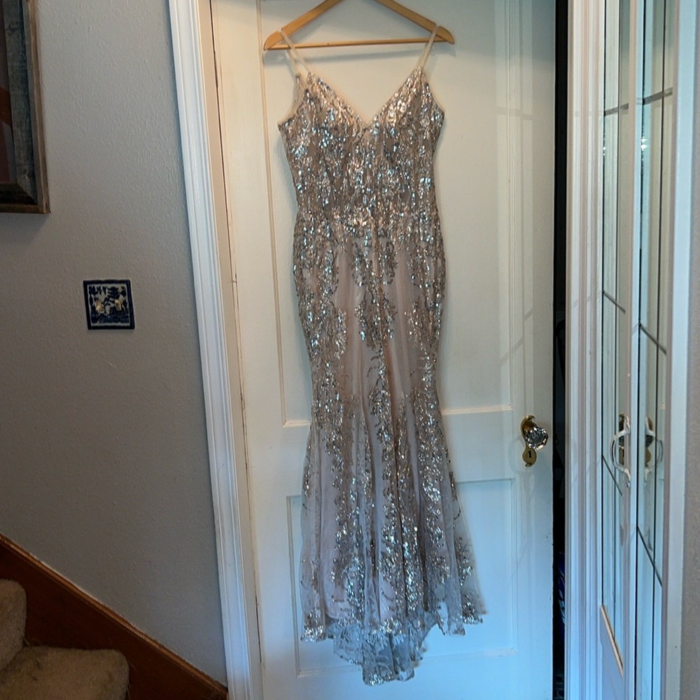 Ladivine sequin embellished fit & flair sleeveless maxi dress sheer cream